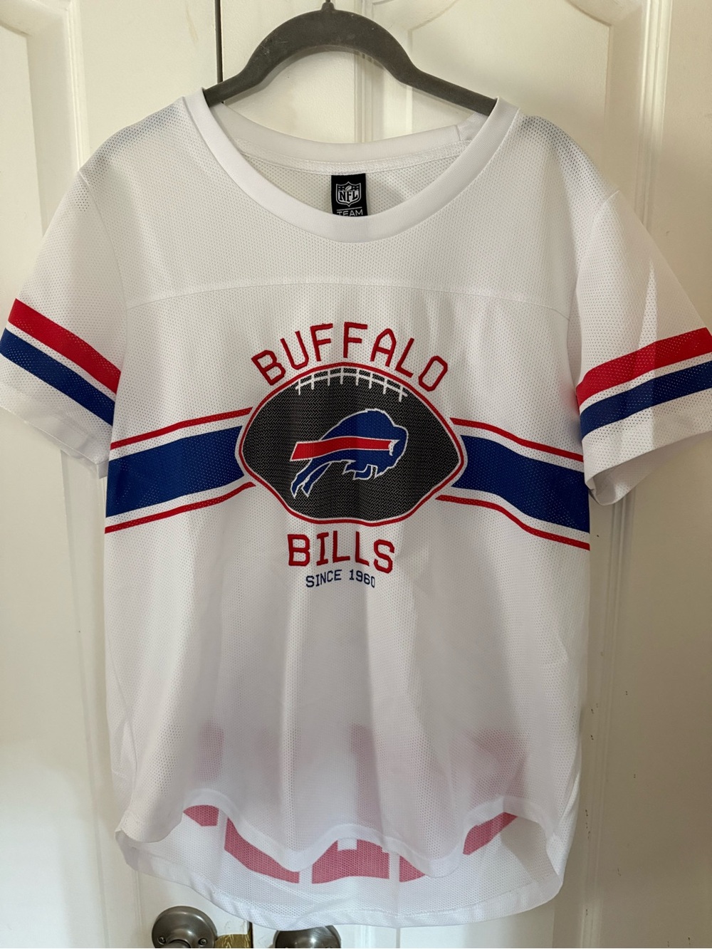 NFL Women’s White Buffalo Bills Mesh Jersey with Red & Blue Stripes